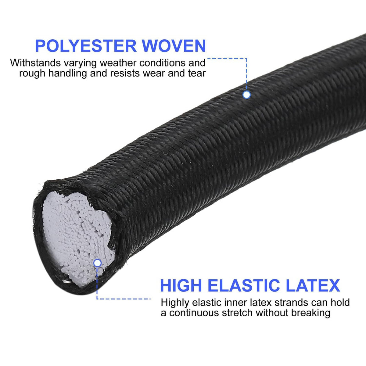 Black bungee shock cord end, woven polyester cover with elastic inner core