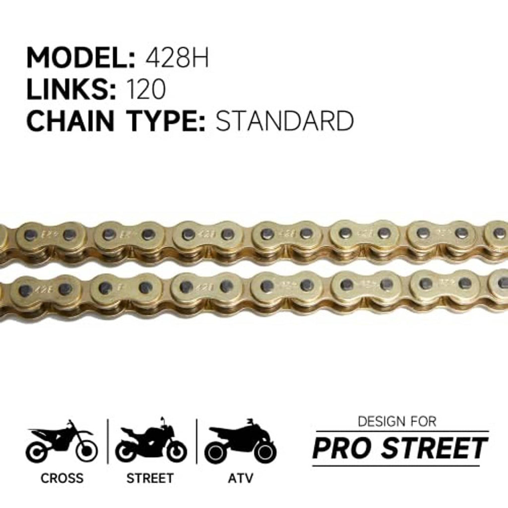 Close-up of gold motorcycle chain links with side plates and pins