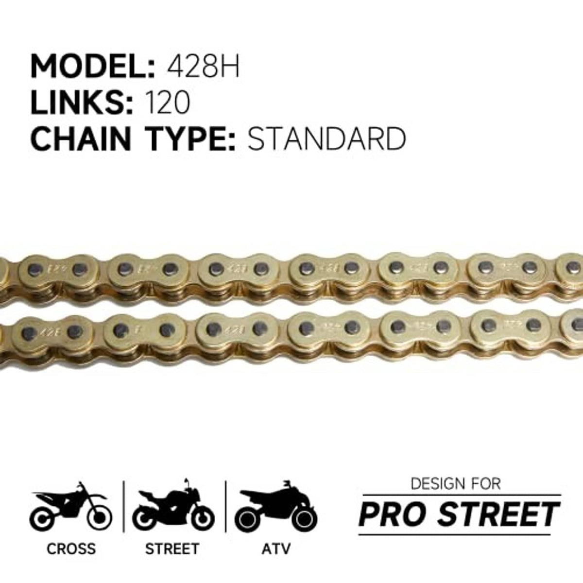 Close-up of gold motorcycle chain links with side plates and pins