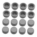 Gray PVC pipe end cap plugs with female threads, round snap-on covers (set of 16)