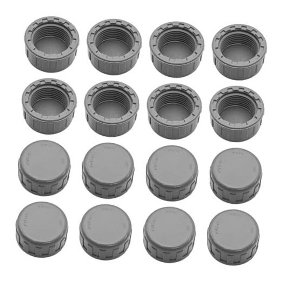 Gray PVC pipe end cap plugs with female threads, round snap-on covers (set of 16)
