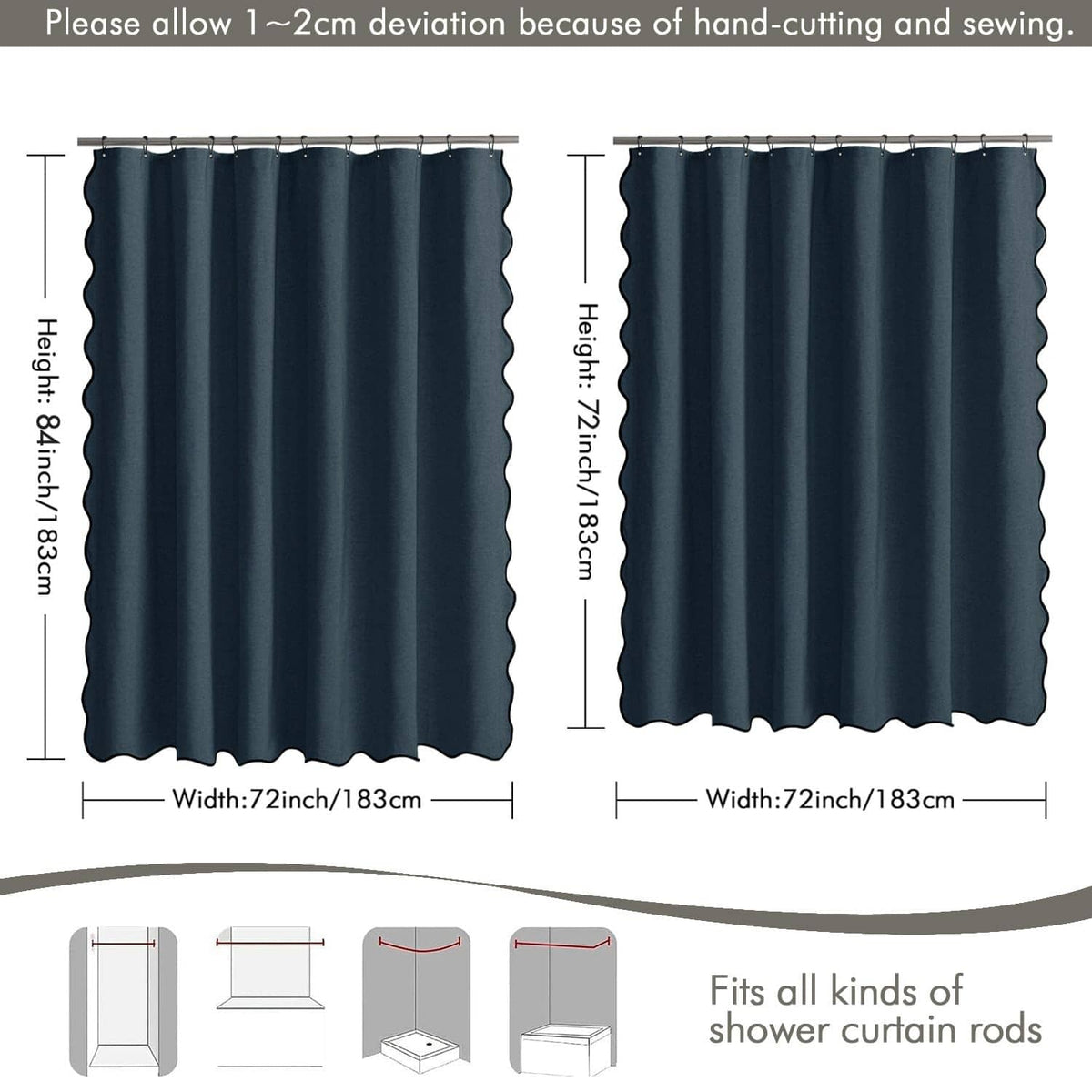 Navy blue scalloped shower curtain panels with grommet rings and rod-hook header.