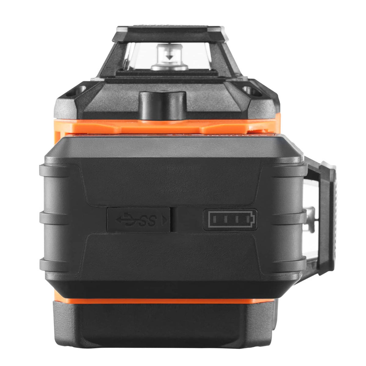 Orange and black rechargeable laser level with top housing and charging port area