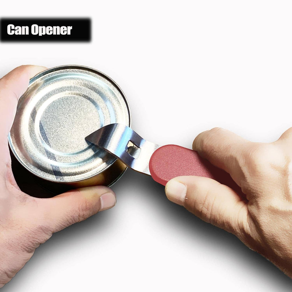 Red can opener hook lifting a metal soda can lid