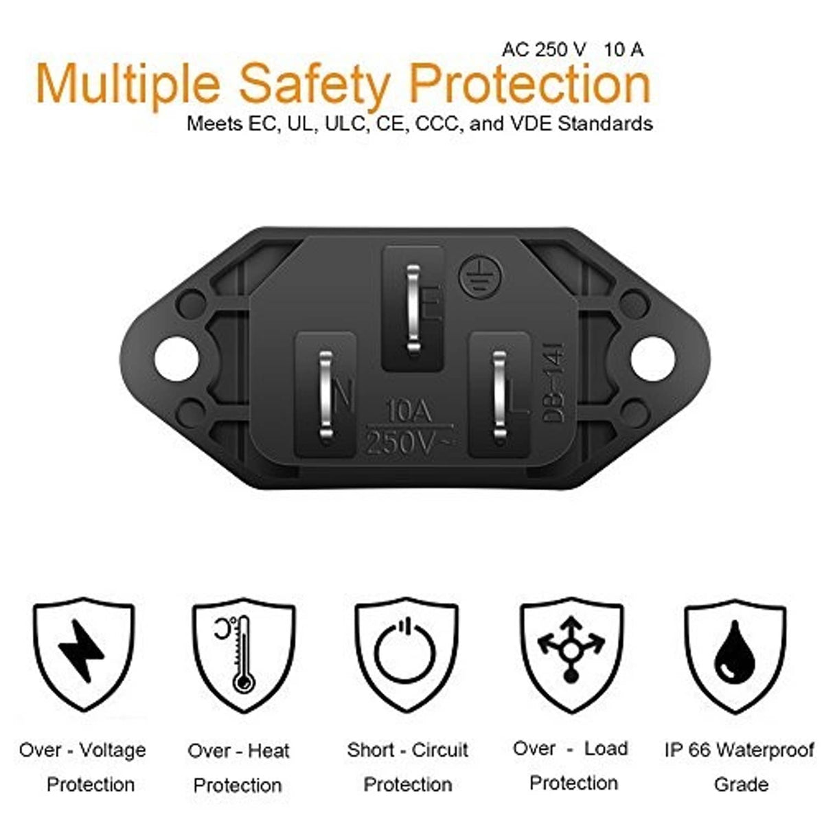 IEC 320 C14 socket adapter with protective circuitry markings on panel, dark housing
