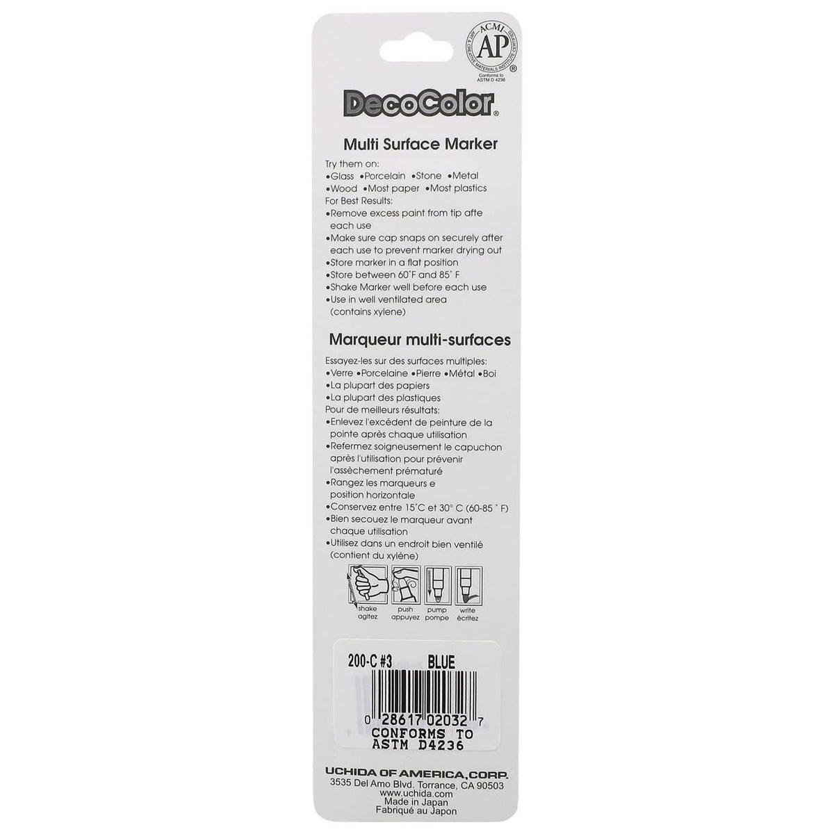 Back of blue Decocolor fine point paint marker package with usage and color info