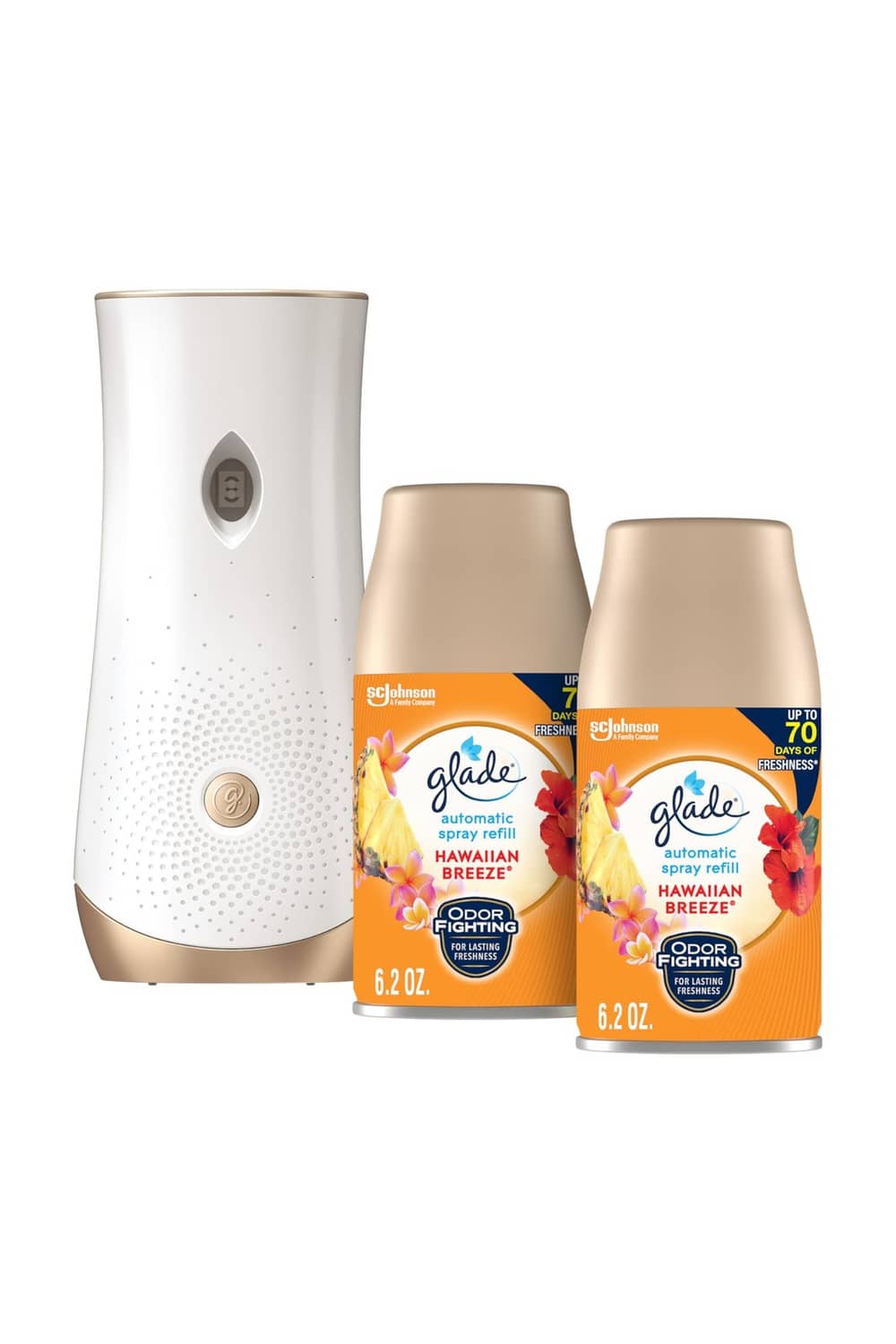 White automatic spray holder with gold base and two Glade refill bottles, 6.2 oz