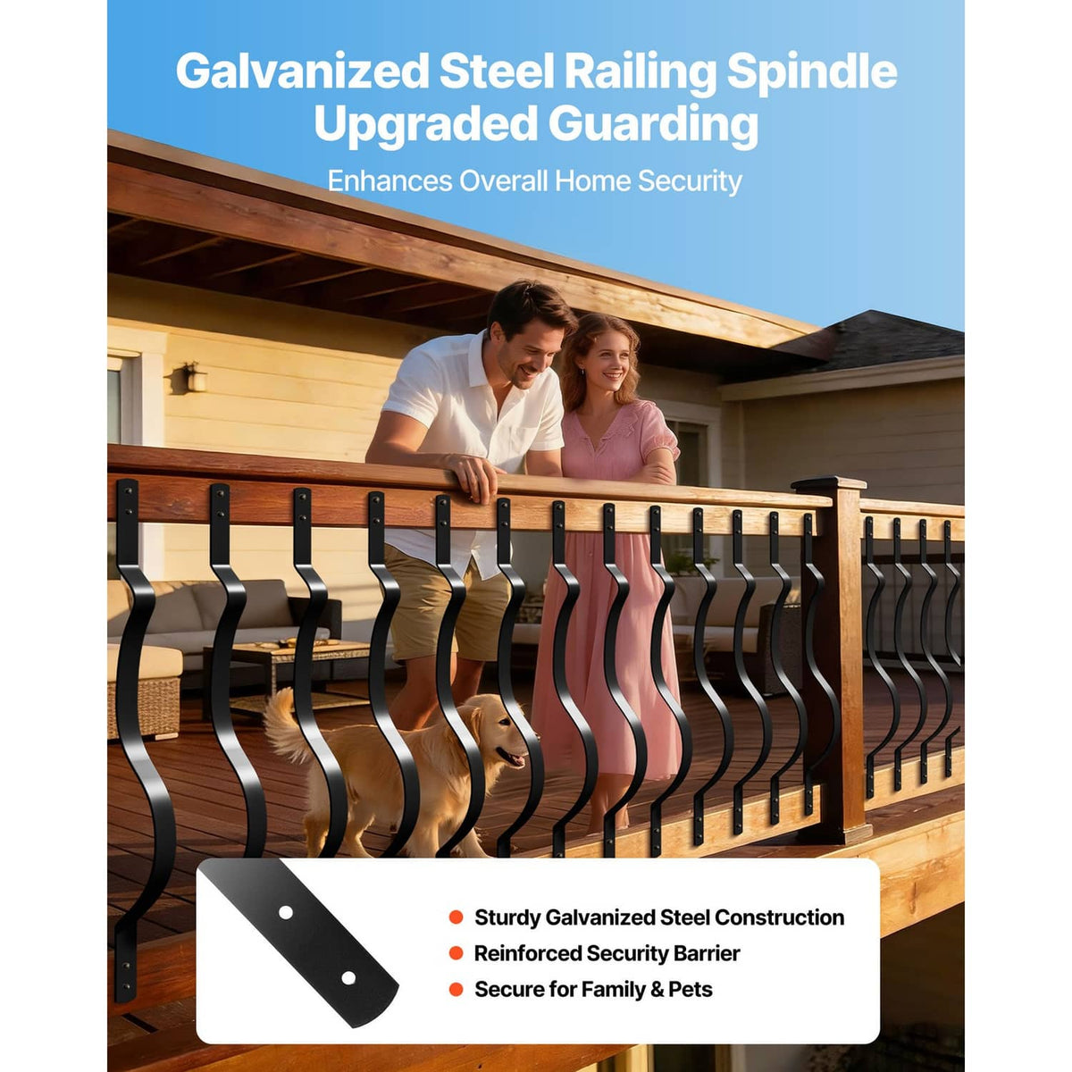 Black wavy railing balusters installed on a deck railing with vertical bars
