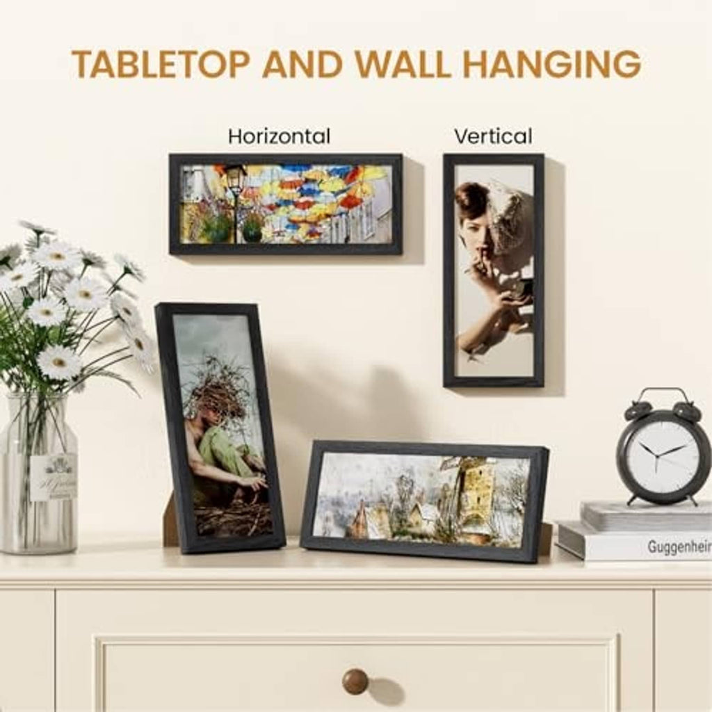 Black 4x11 picture frame on tabletop, plus vertical and horizontal wall-hanging layout