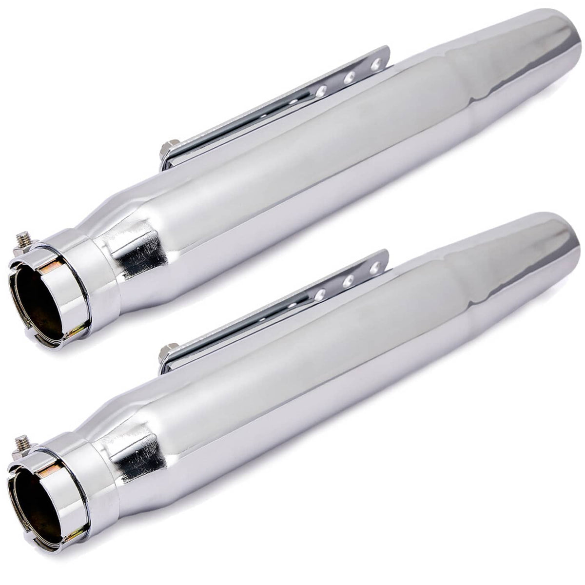 Pair of chrome motorcycle mufflers, front inlet ends and mounting bracket detail