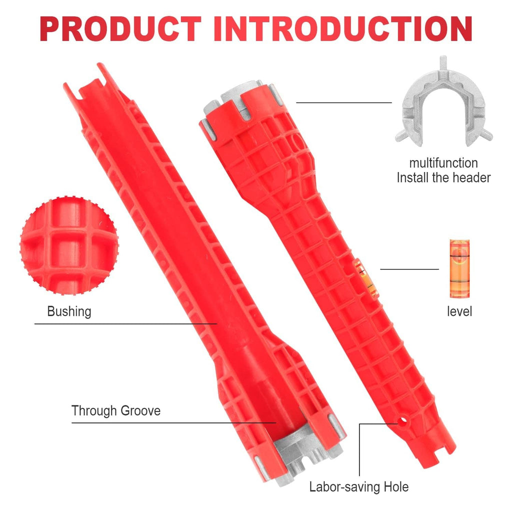 Red installer tool with grooved head, level slot, and multi-function bushing
