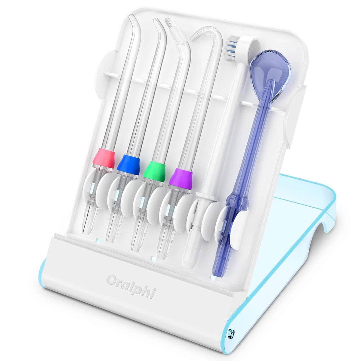 Water flosser replacement tips with pink, blue, green, purple collars in white tray