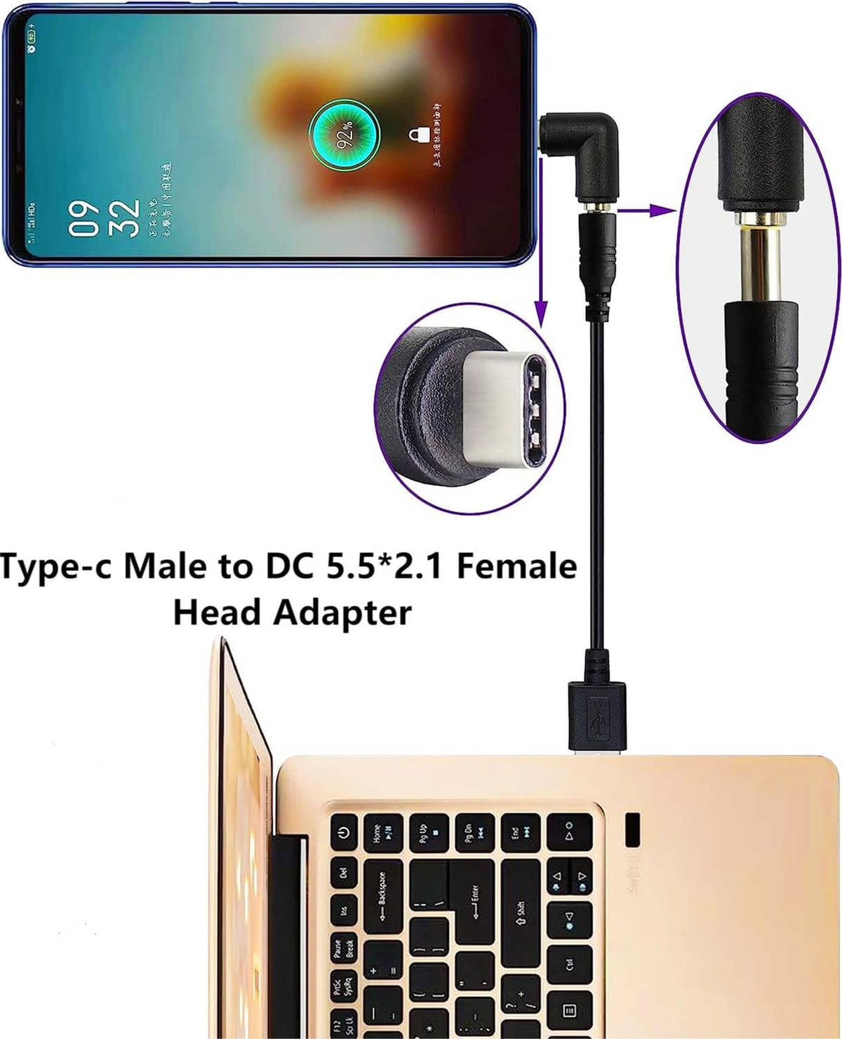 USB-C male to DC power adapter cable with DC barrel connector