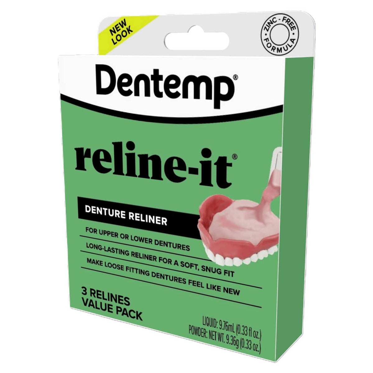Dentemp reline-it denture reliner value pack box, green and white front view