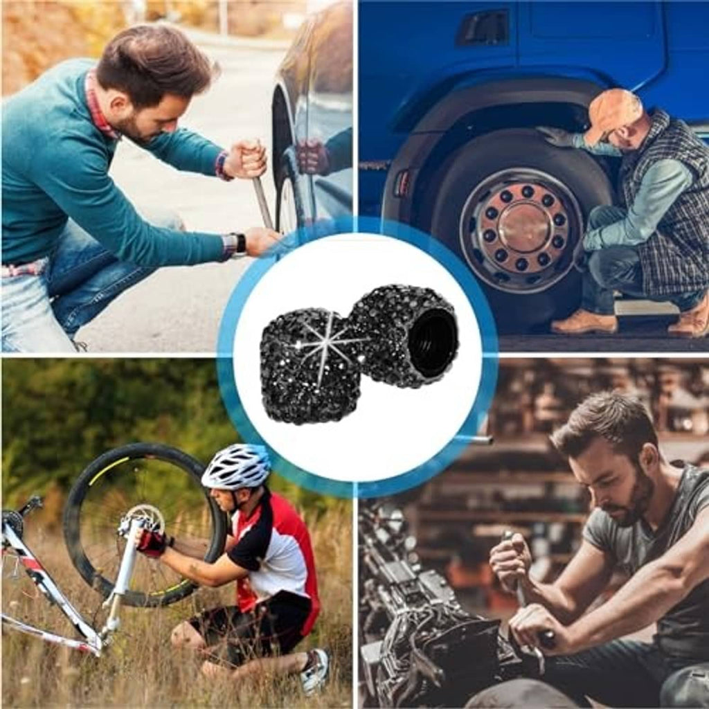 Black rhinestone tire valve stem caps, round star pattern sparkle with open threaded end