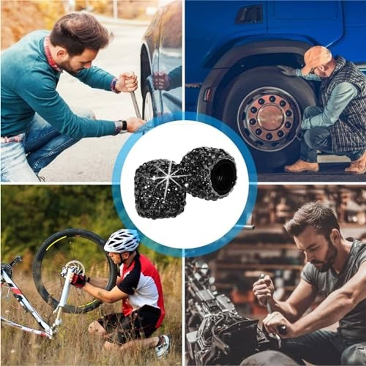 Black rhinestone tire valve stem caps, round star pattern sparkle with open threaded end