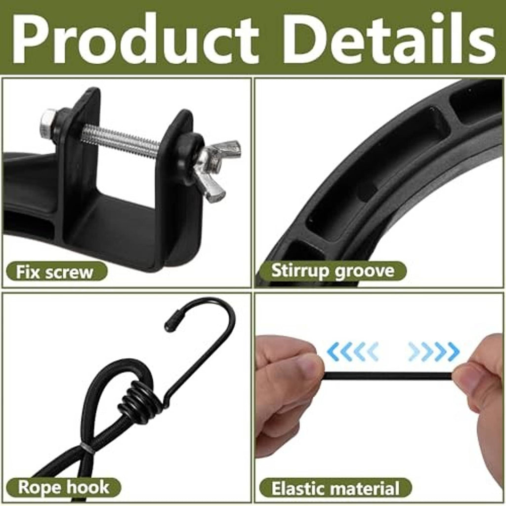 Black stirrup bracket with fix screw, stirrup groove, rope hook and elastic cord