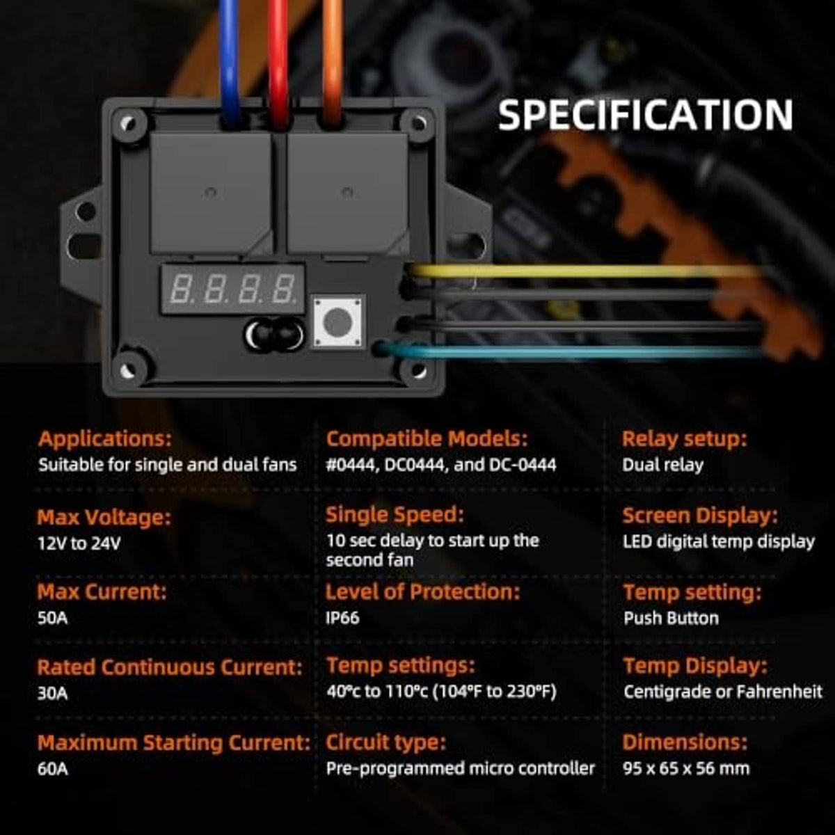 Digital radiator fan controller control box with LED display and multi-color fan and sensor wires