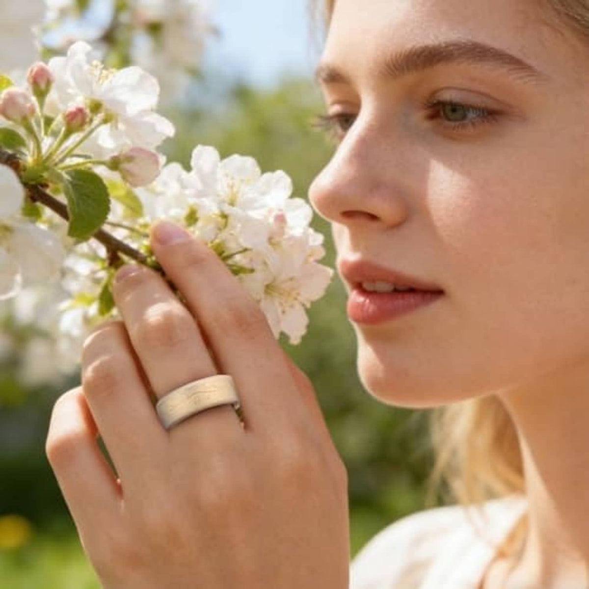 Floral ring cover worn on a finger, light metallic band with engraved pattern