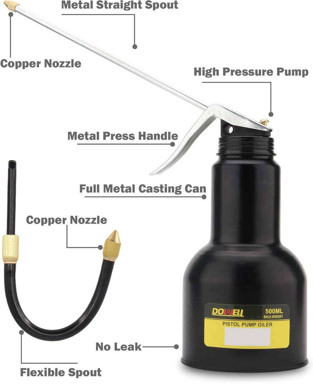 Metal oil can with press handle, copper nozzles, flexible spout and high-pressure pump
