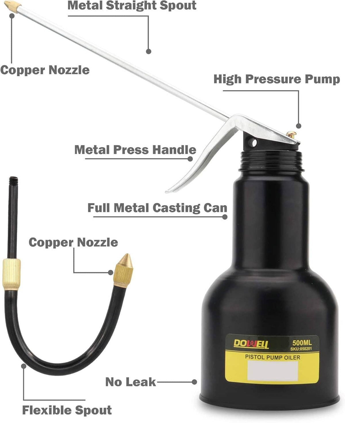 Metal oil can with press handle, copper nozzles, flexible spout and high-pressure pump
