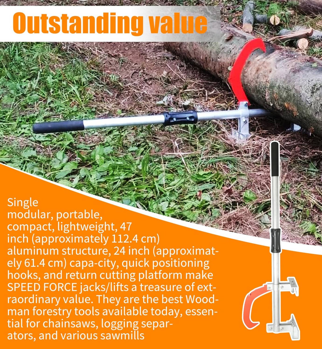 Portable log jack with silver frame, red hook, and black cushioned handle on grass