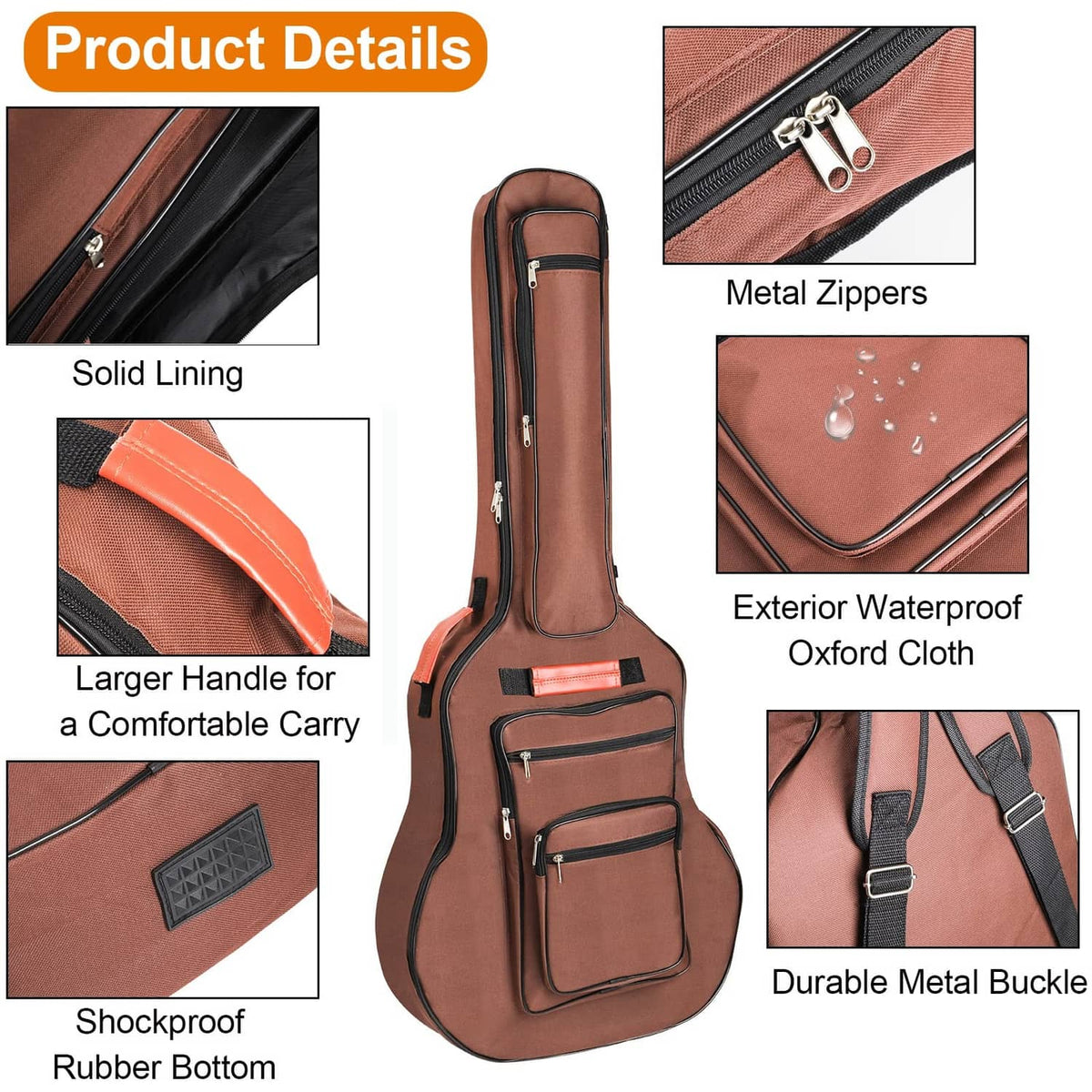 Brown acoustic guitar bag with metal zippers, shockproof rubber base, and padded lining.