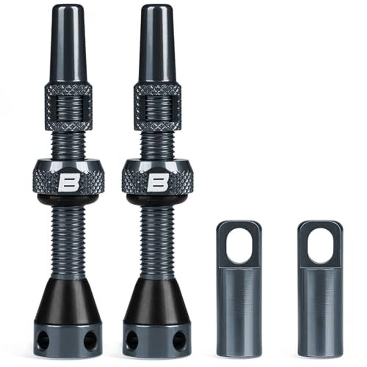 Pair of gray Presta tubeless valve stems with black lock nuts and dust caps
