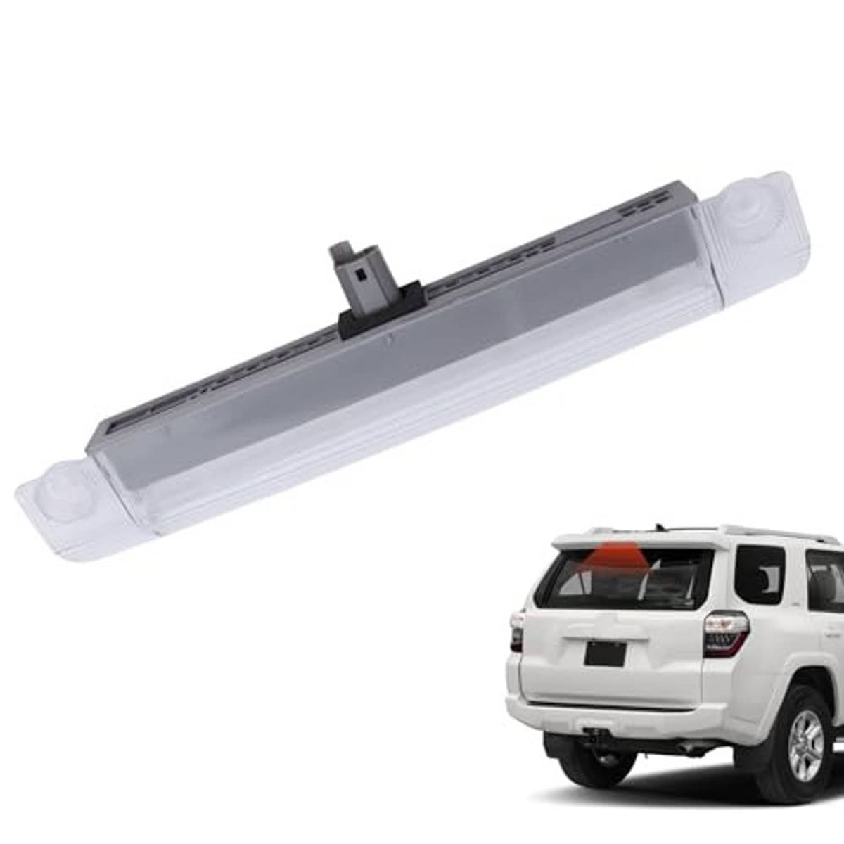 Third brake light bar with clear outer housing and connector mount, rectangular shape