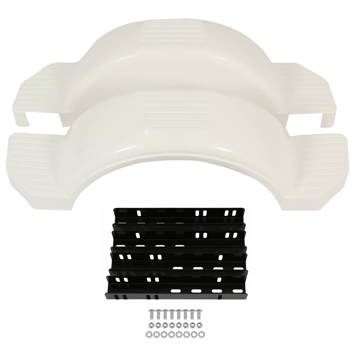 White HDPE trailer fender pair with black mounting bracket and hardware included