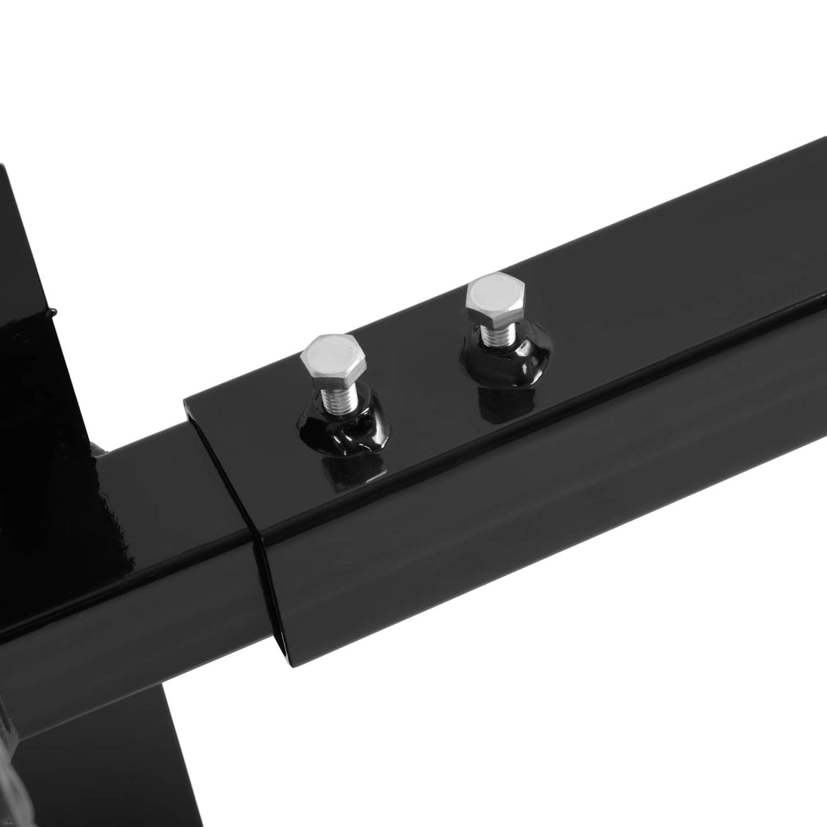 Black steel adapter bar with two threaded bolts and washers for mounting
