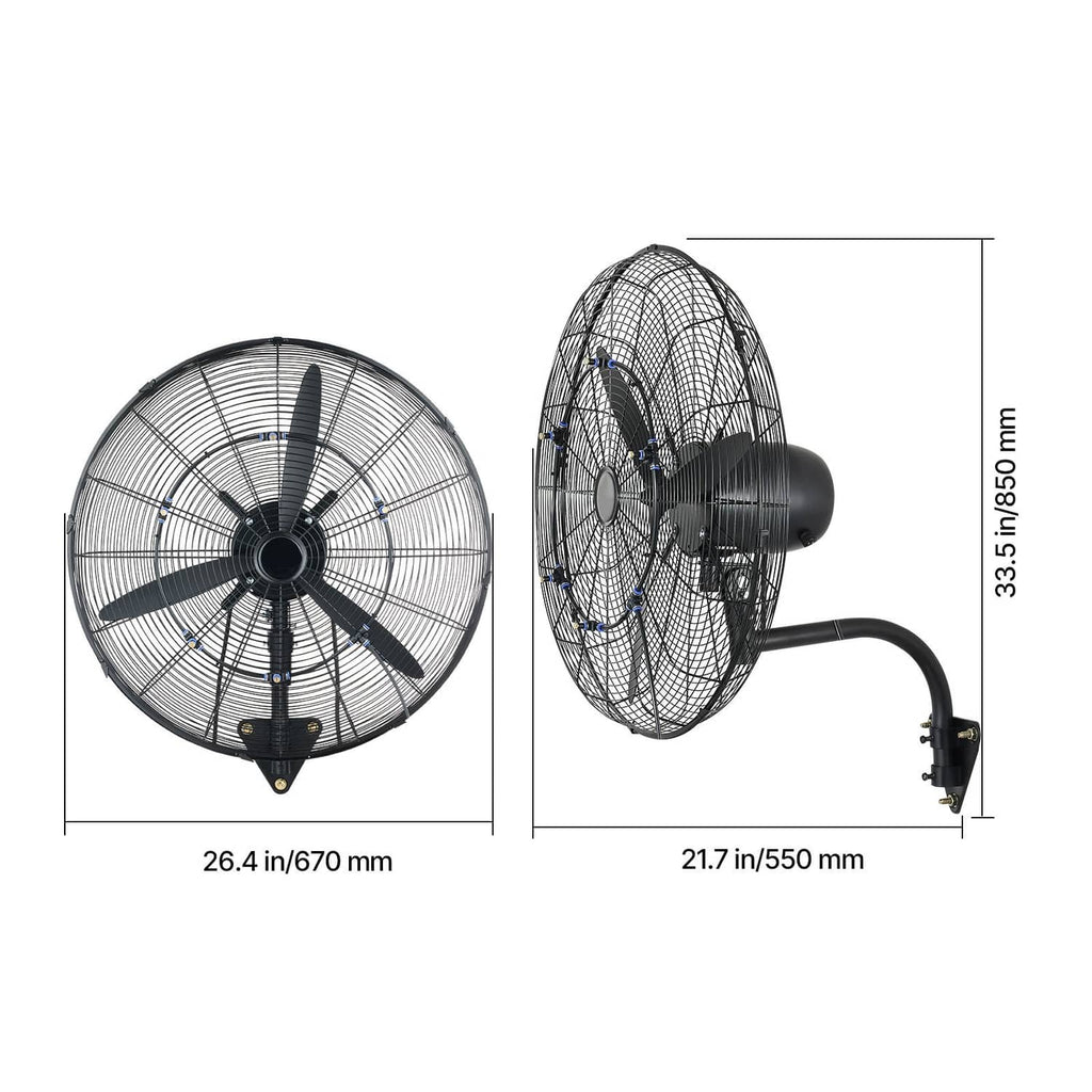 Wall-mounted oscillating mist fan front and side view, black grille and mist nozzle