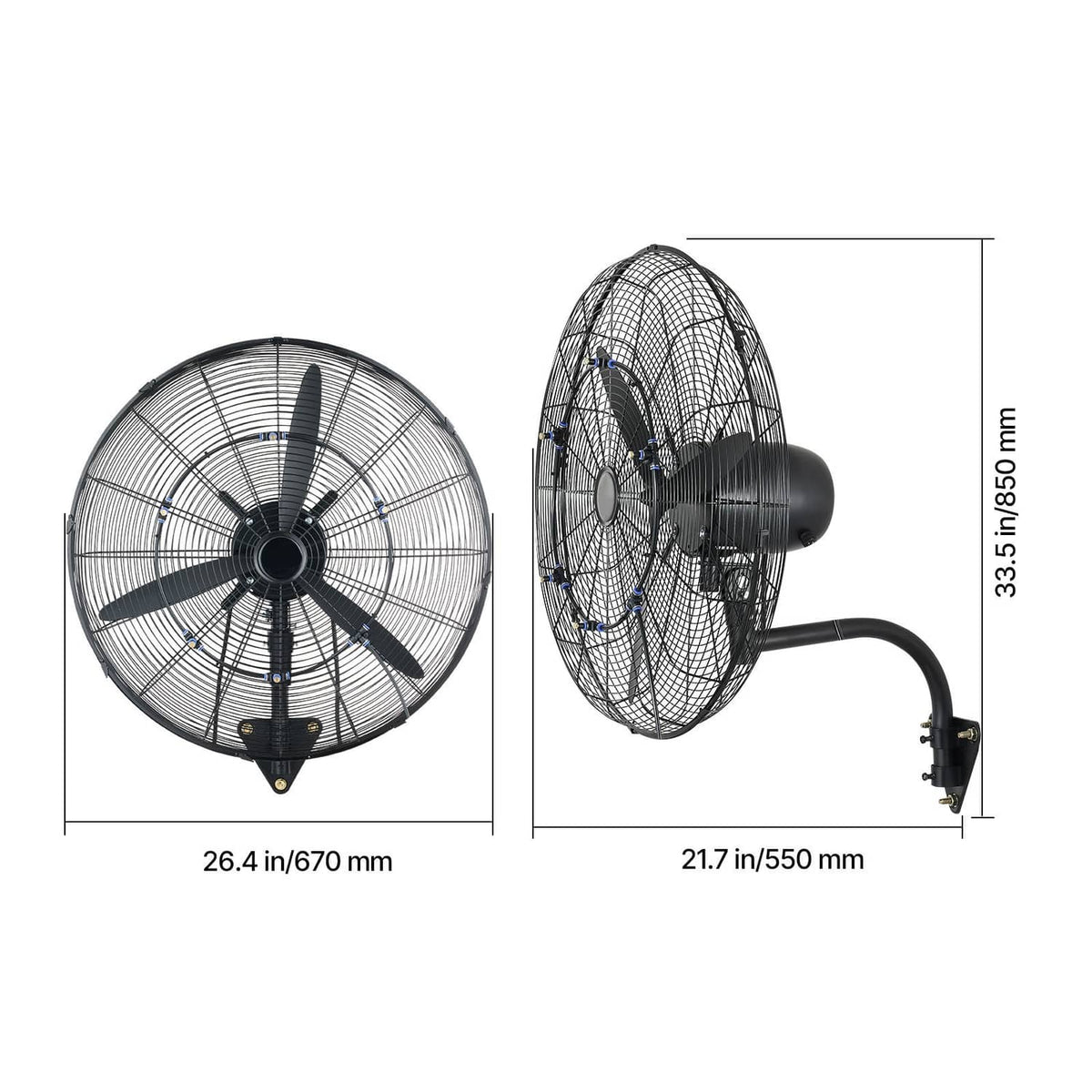 Wall-mounted oscillating mist fan front and side view, black grille and mist nozzle