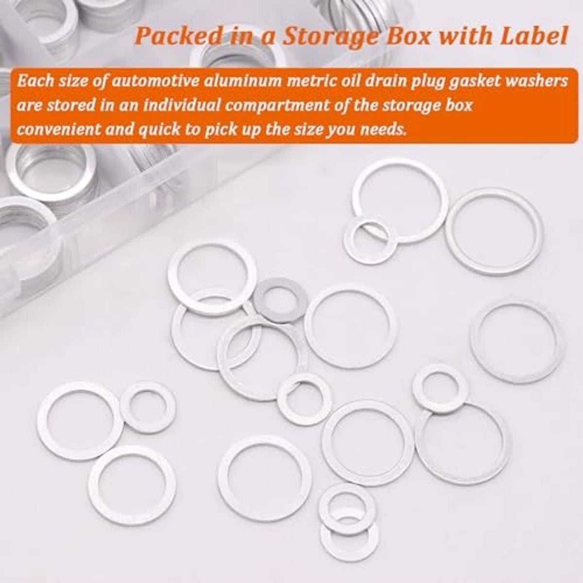 Round aluminum oil drain plug gasket washers laid out in an assortment