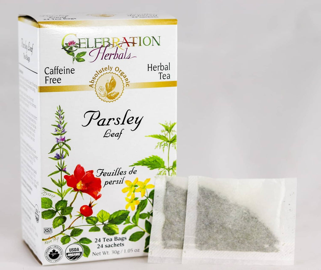 Parsley leaf tea bags box with two tea sachets in pouches, caffeine-free.