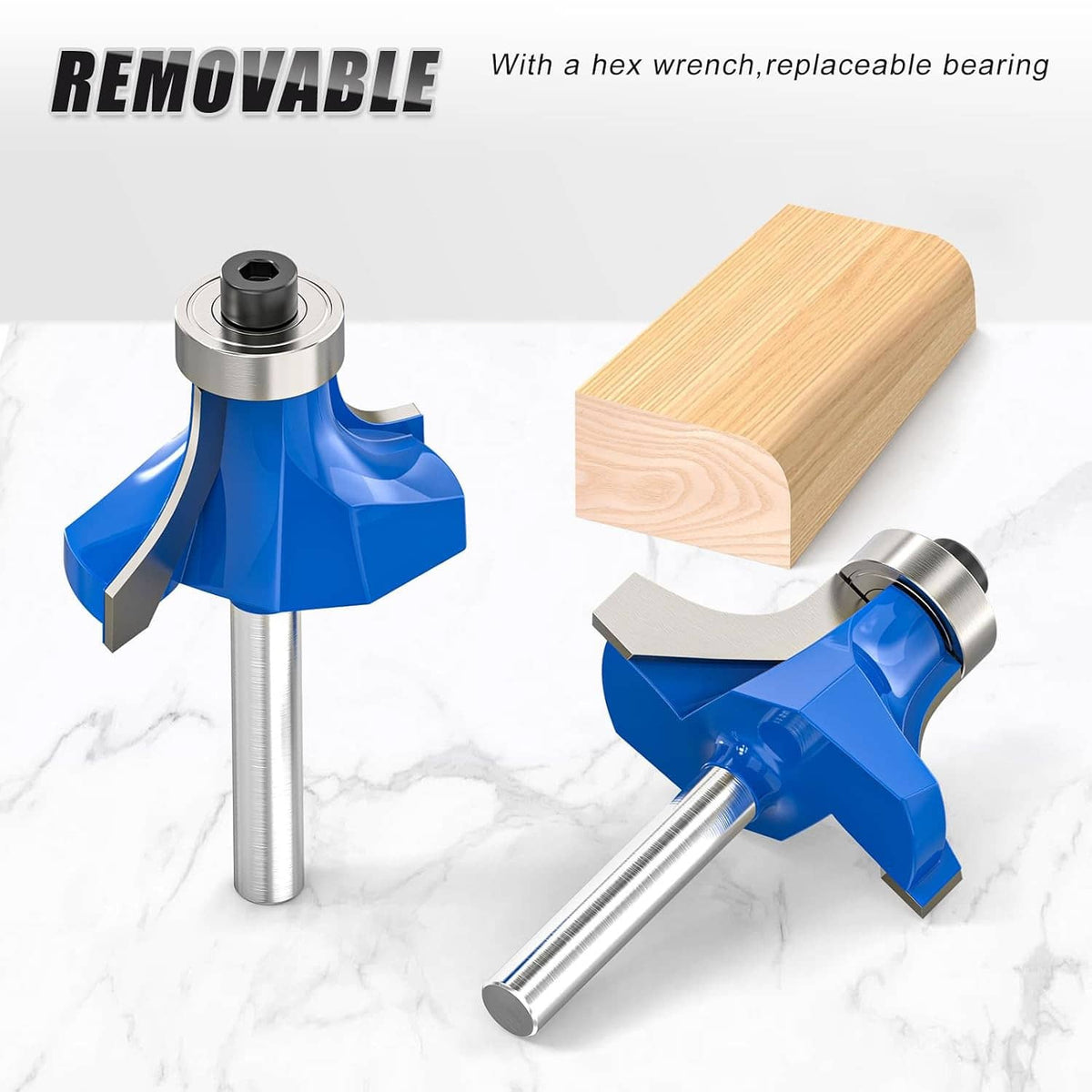 Roundover edging router bits with blue cutters and a shaped wood edge profile