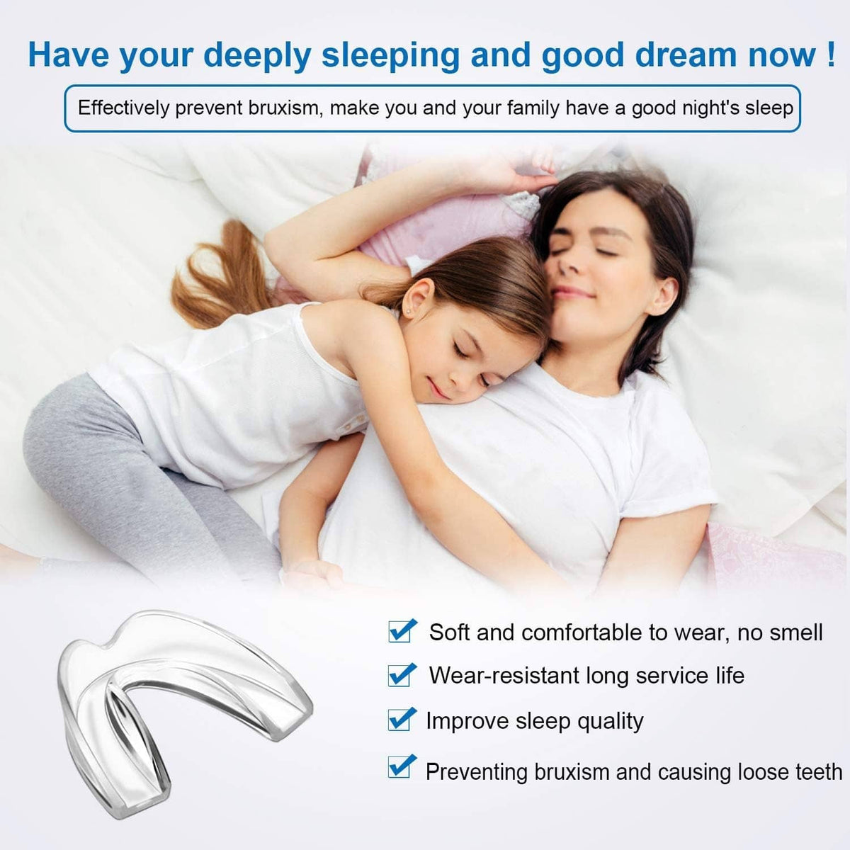 Kids mouth guard for sleep use, shown alongside a molded clear tray