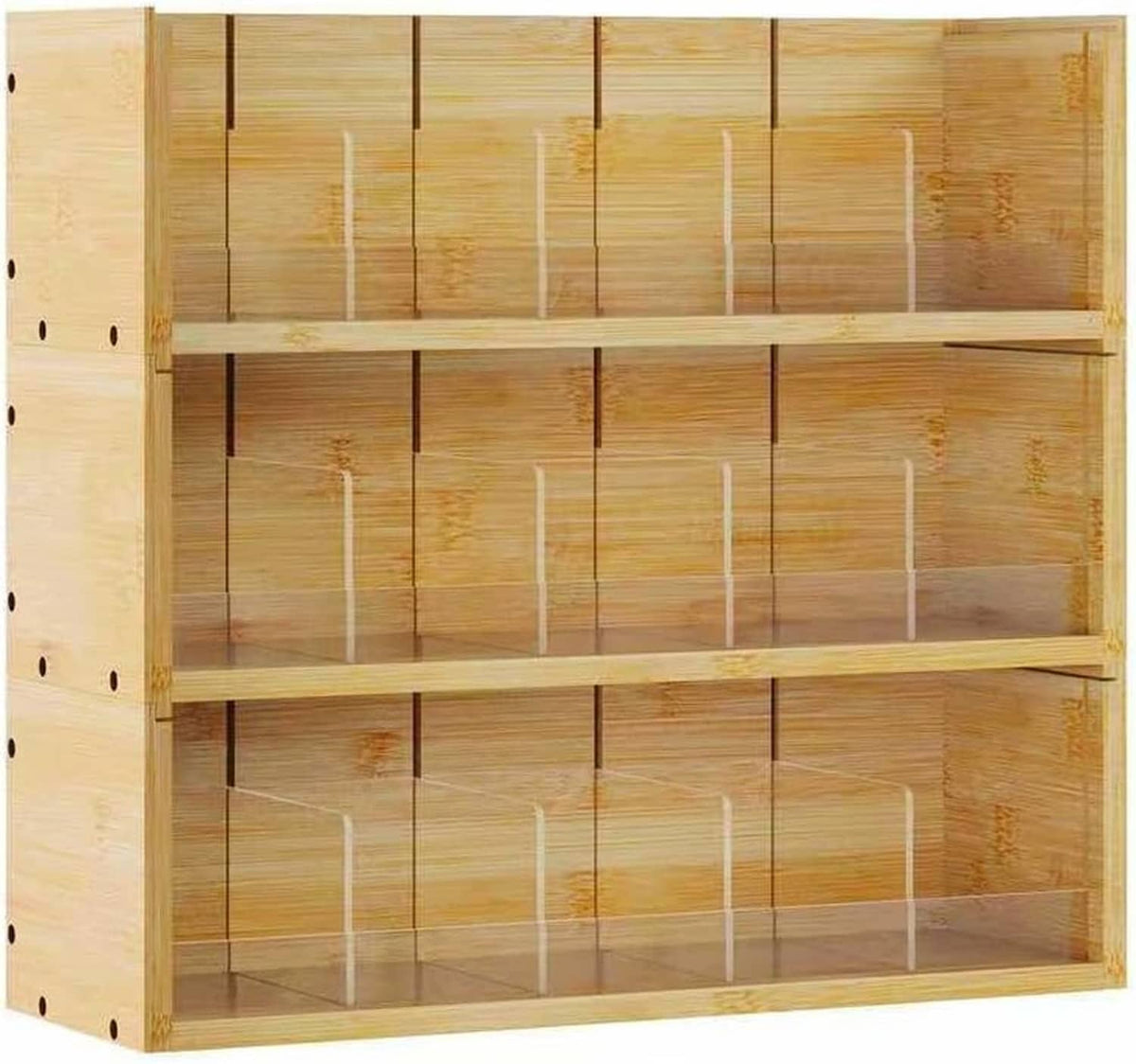 Empty 3-tier bamboo tea bag organizer with open slatted shelves and front panels
