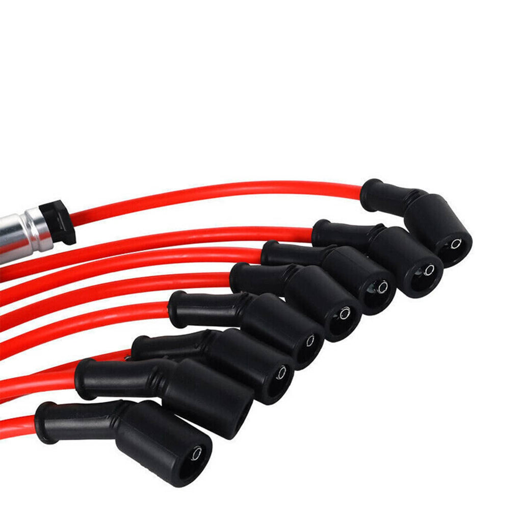 Spark plug wire set with red leads and black boot connectors, angled lineup.