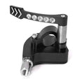 Black universal billet throttle thumb assembly with silver lever and arrow emblem