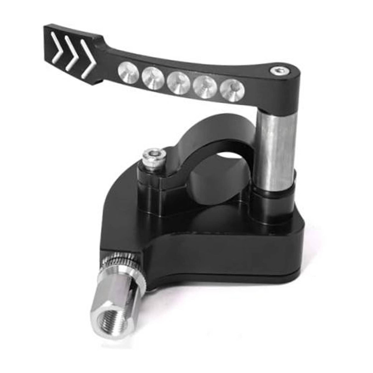 Black universal billet throttle thumb assembly with silver lever and arrow emblem