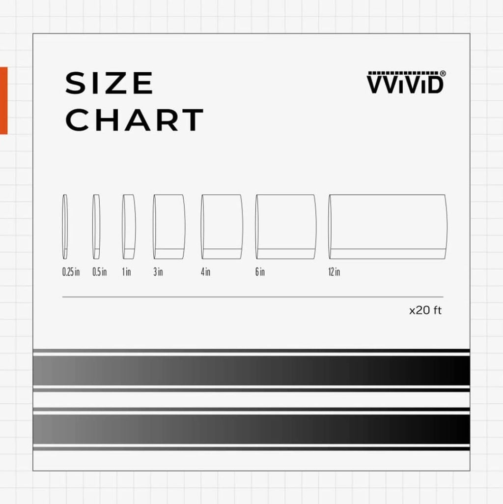 Vinyl tape size chart showing tape widths and 20 ft roll length