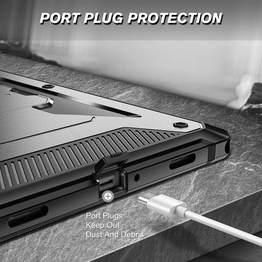 Tablet case with port cover flap protecting charging and audio ports, dark gray/black
