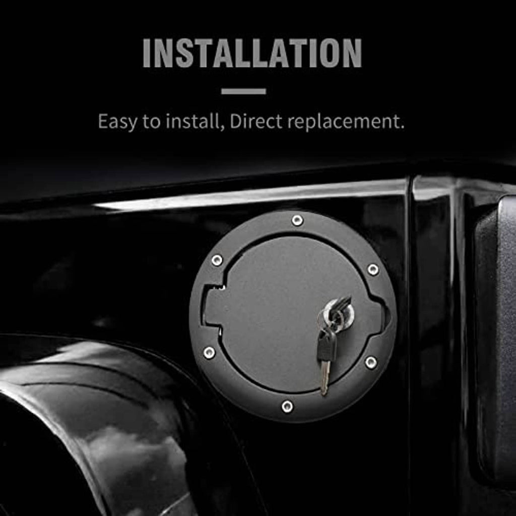 Locking fuel tank filler cap cover with key, round black faceplate and mounting screws