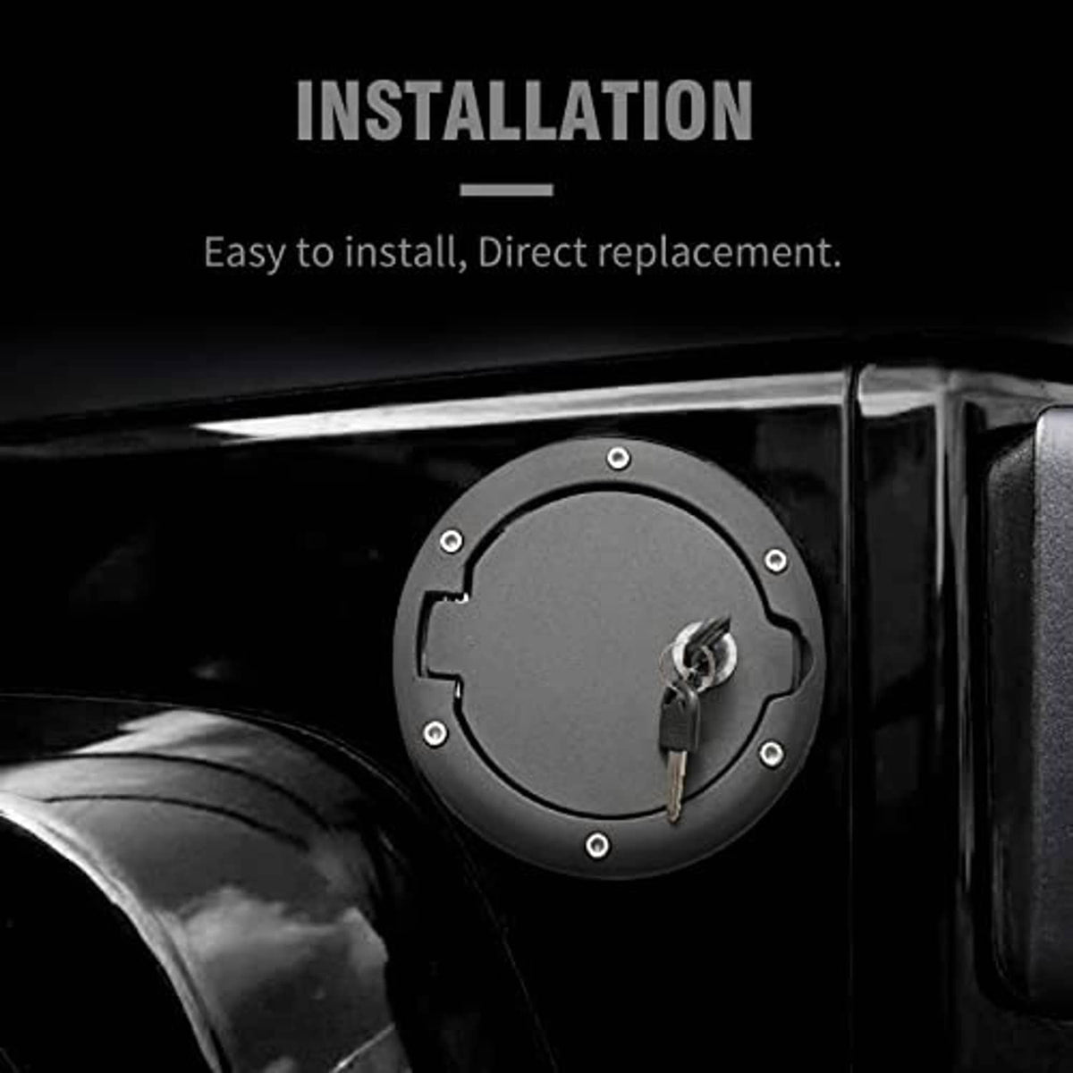 Locking fuel tank filler cap cover with key, round black faceplate and mounting screws