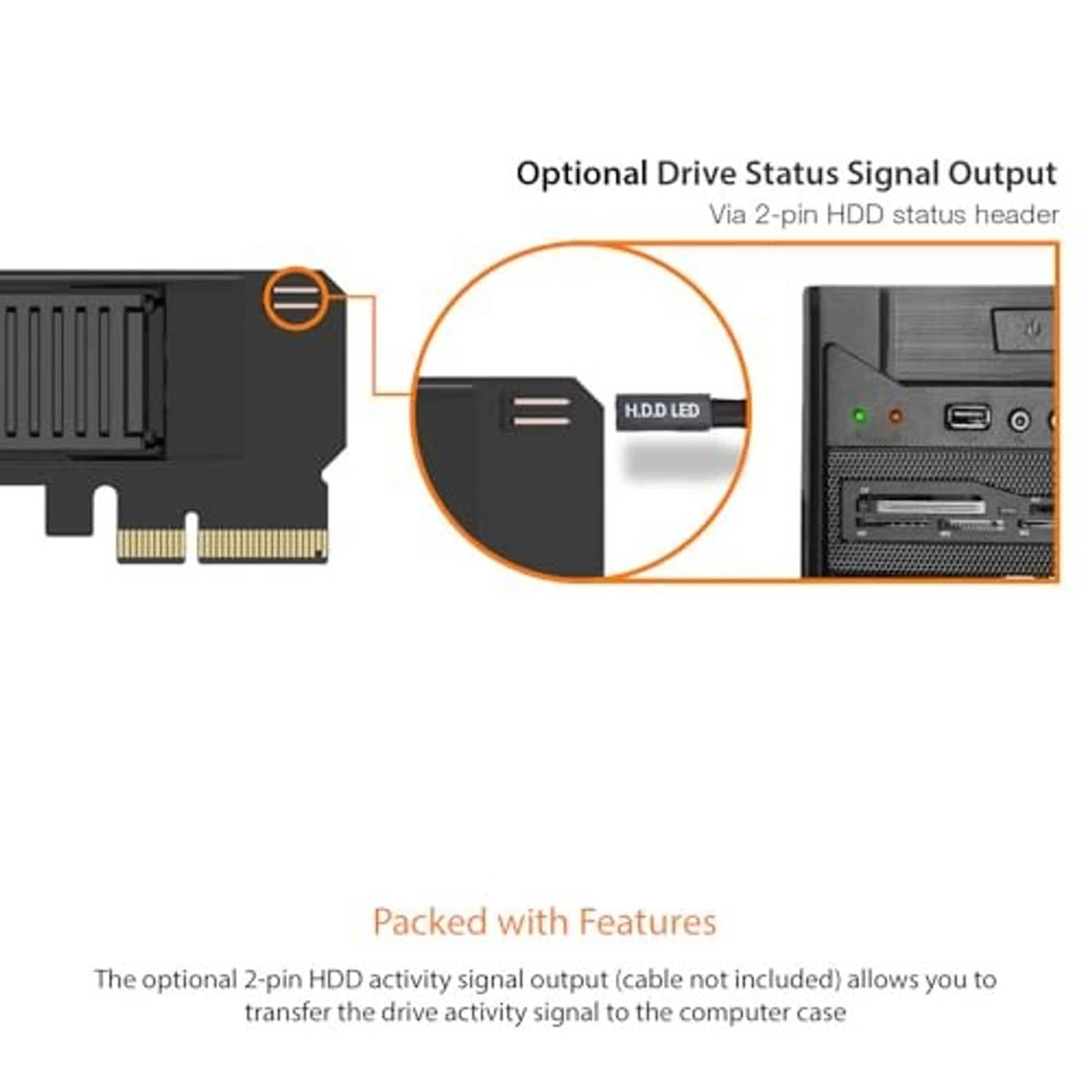 PCIe NVMe M.2 adapter with 2-pin HDD status signal header for drive activity monitoring