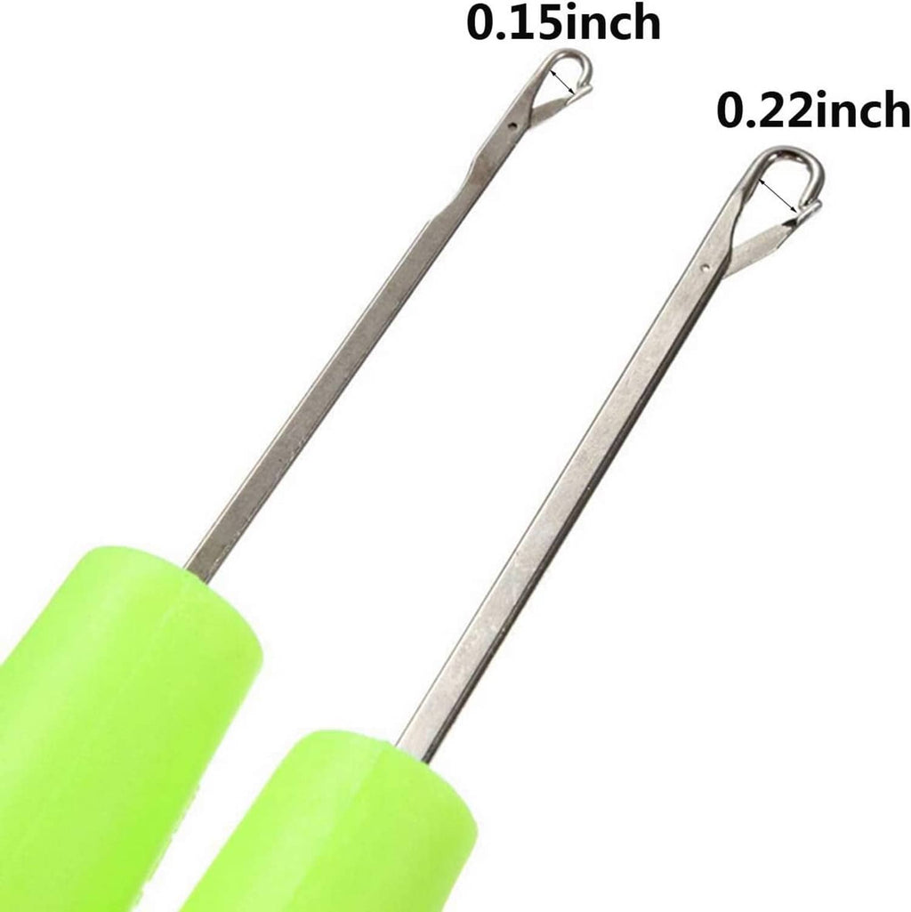 Latch hook crochet needles with lime green handle guards and silver metal hooks