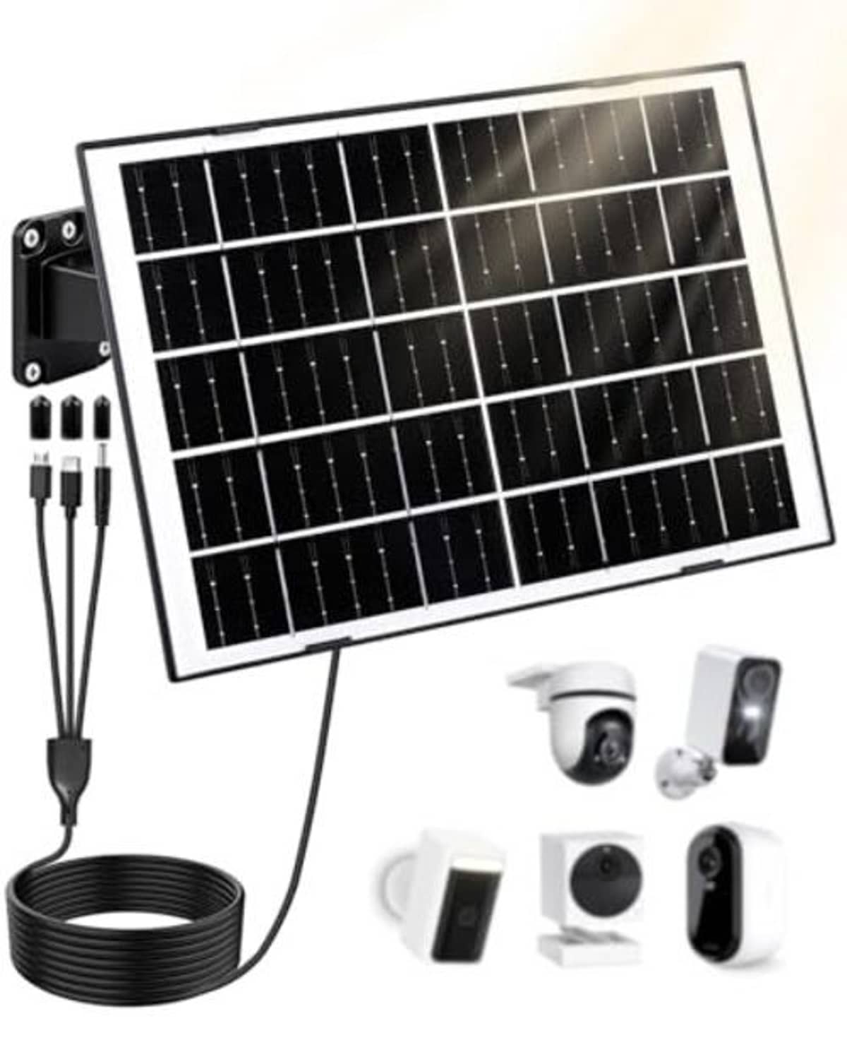 8W solar panel charger kit with cable, mounting bracket, and security camera units