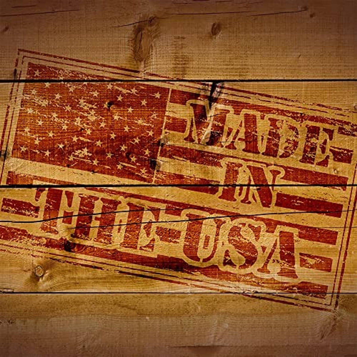 Weathered wood panel graphic reading 'MADE IN USA'