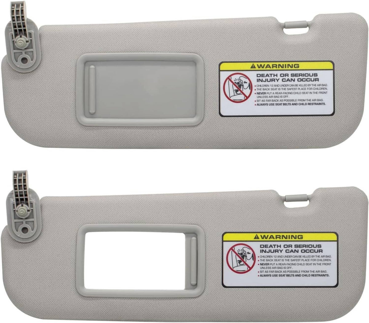 Grey left driver-side sun visor with vanity mirror and warning label